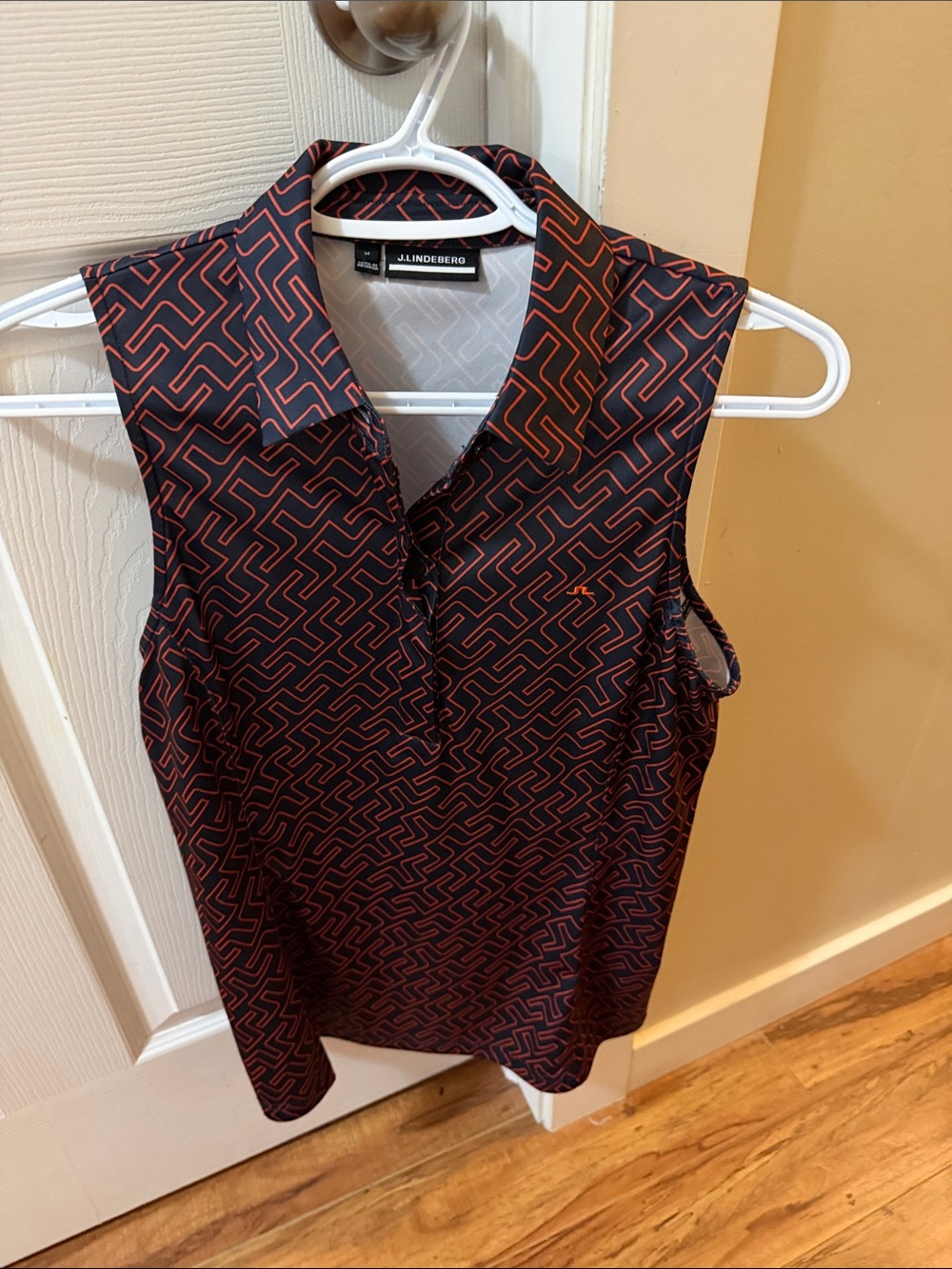 J.Lindeberg Black Sleeveless Collared Top with Red Geometric Print